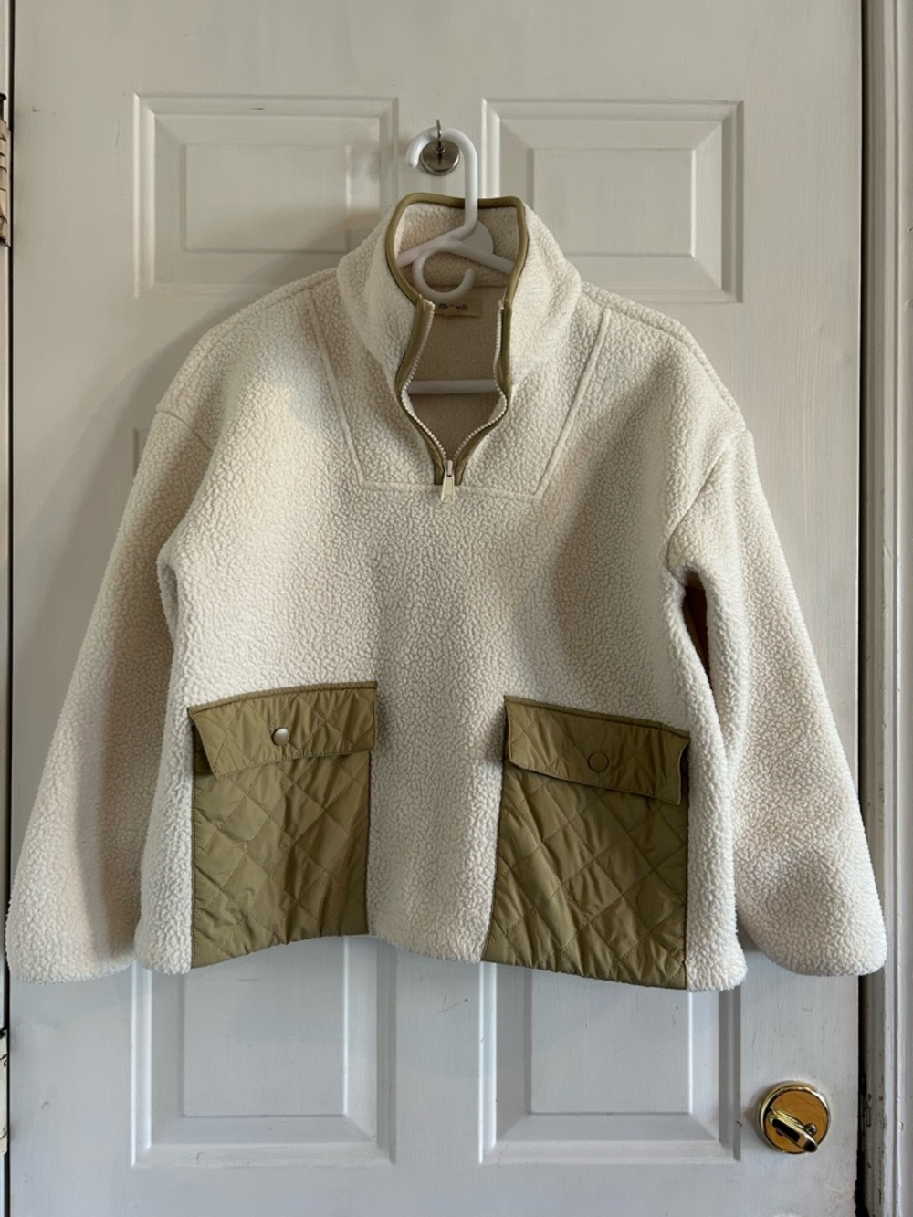 Madewell Cream Sherpa Pullover with Olive Quilted Pockets Cozy Neutral